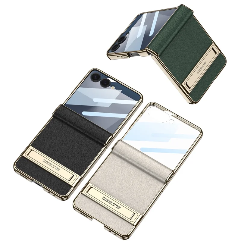 GKK For Samsung Galaxy Z Flip5 5G Kickstand Case Magnetic Hinge Protection PU + PC + Tempered Glass Phone Cover - White