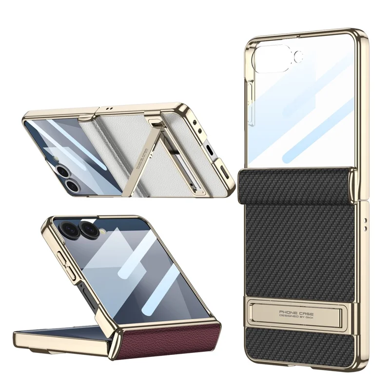 GKK For Samsung Galaxy Z Flip5 5G Kickstand Case Magnetic Hinge Protection PU + PC + Tempered Glass Phone Cover - White