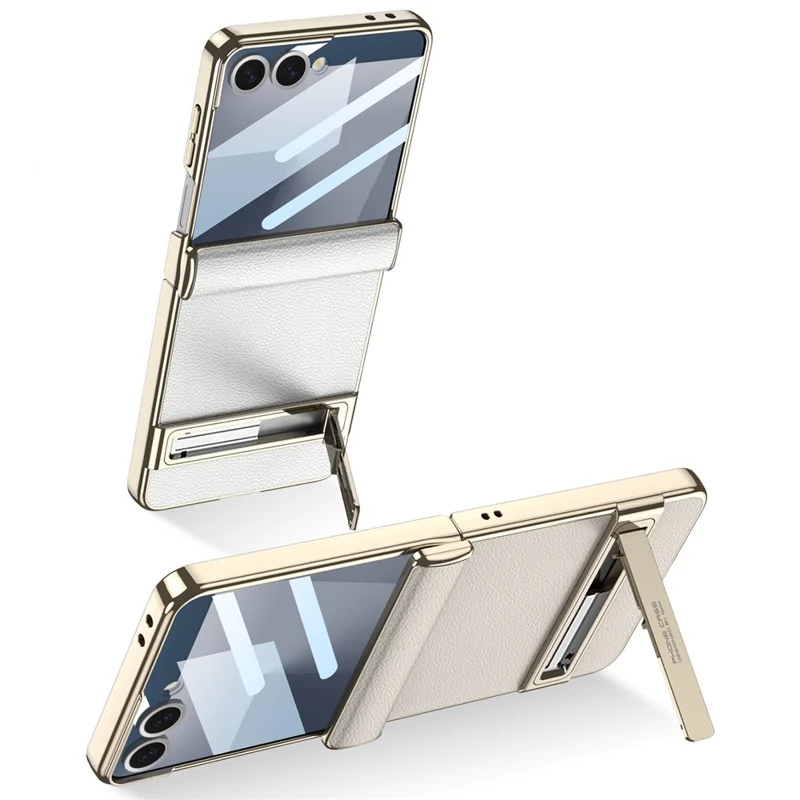 GKK For Samsung Galaxy Z Flip5 5G Kickstand Case Magnetic Hinge Protection PU + PC + Tempered Glass Phone Cover - White