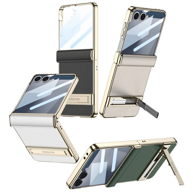 GKK For Samsung Galaxy Z Flip5 5G Kickstand Case Magnetic Hinge Protection PU + PC + Tempered Glass Phone Cover - White
