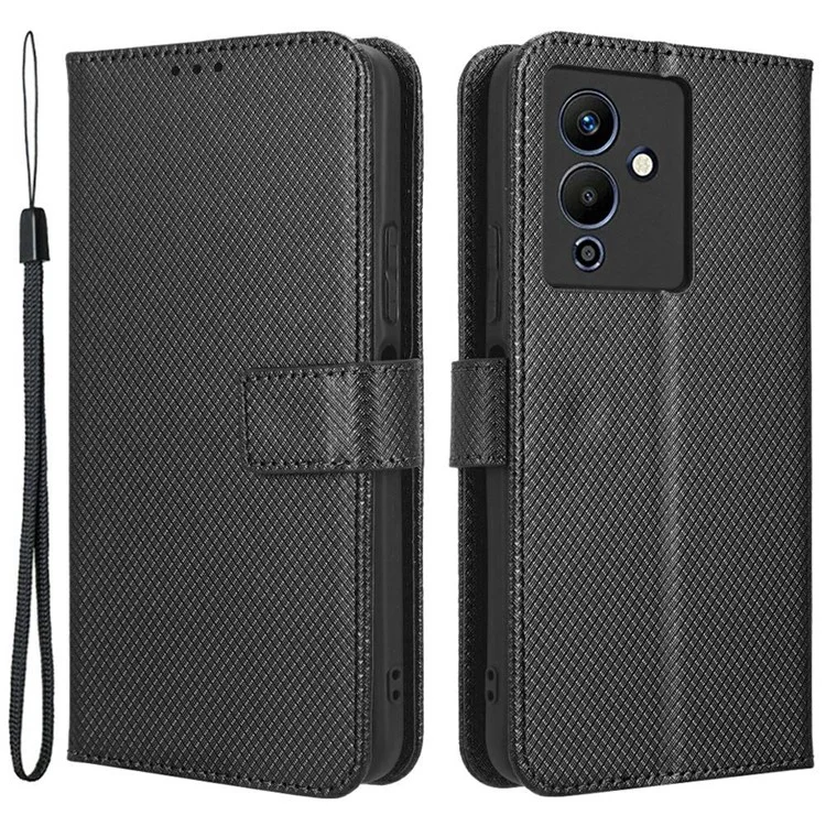 Para Infinix Nota 12 5g / Nota 12 Pro 5G / X671 / X671B Textura Diamante Cierre Magnético Case de Teléfono Soporte de la Billetera Tapa Del Teléfono Con Correa - Negro