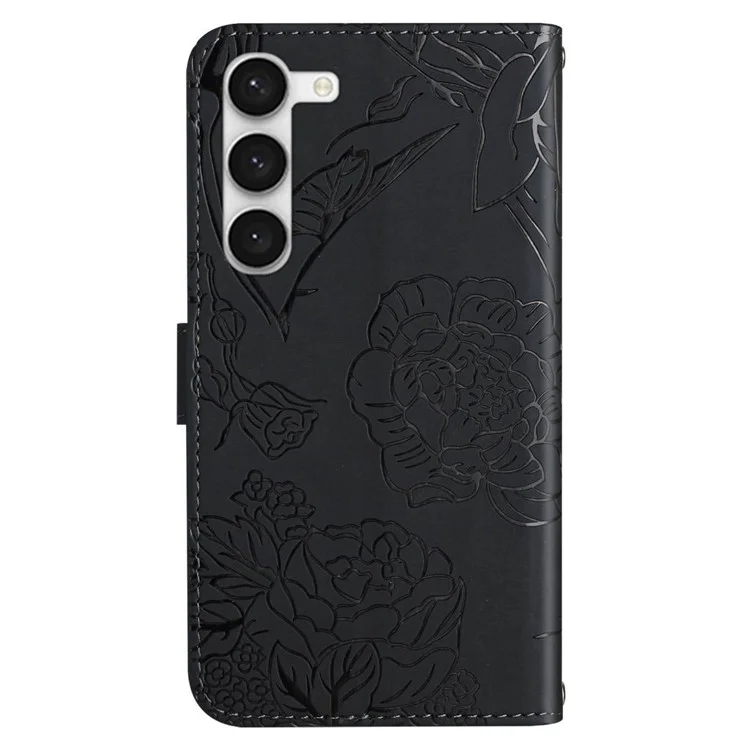 For Samsung Galaxy S23+ HT03 Skin-touch PU Leather Wallet Phone Case Butterfly Flowers Imprinted Stand Magnetic Folio Cover with Shoulder Strap - Black