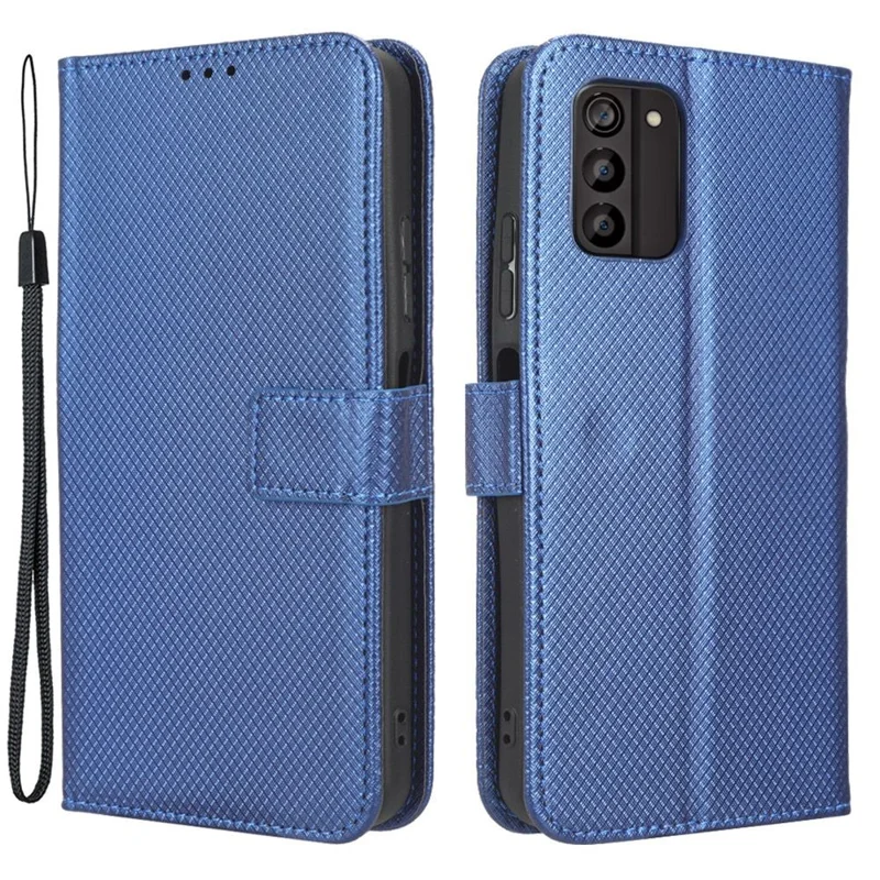 For Nokia G100 Diamond Texture PU Leather Case Magnetic Closure Stand Design Flip Wallet Phone Cover with Strap - Blue