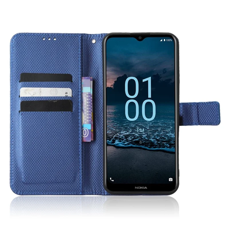 For Nokia G100 Diamond Texture PU Leather Case Magnetic Closure Stand Design Flip Wallet Phone Cover with Strap - Blue