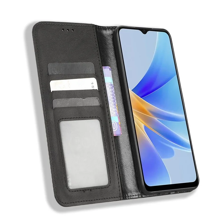 Для Oppo A17 4G PU Кожа Magnetic Auto Закрытие Корпуса Ретро -текстура. - Черный