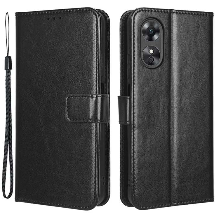 Per Oppo A17 4G Crazy Horse Texture PU Leather Phone Case Full Protection Magnetic Clasp Cover with Stand Wallet - Nero