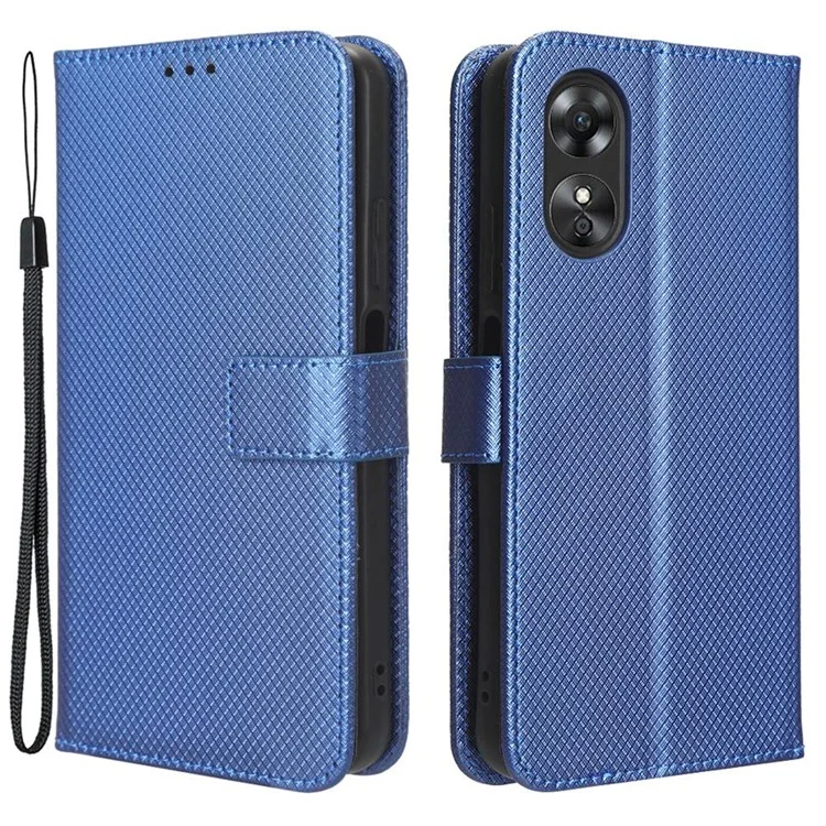 Per Oppo A17 4G Diamond Texture PU Leather Stand Wallet Cover Drop-proof Magnetic Clasp Phone Case - Blu