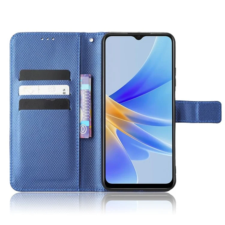 Per Oppo A17 4G Diamond Texture PU Leather Stand Wallet Cover Drop-proof Magnetic Clasp Phone Case - Blu