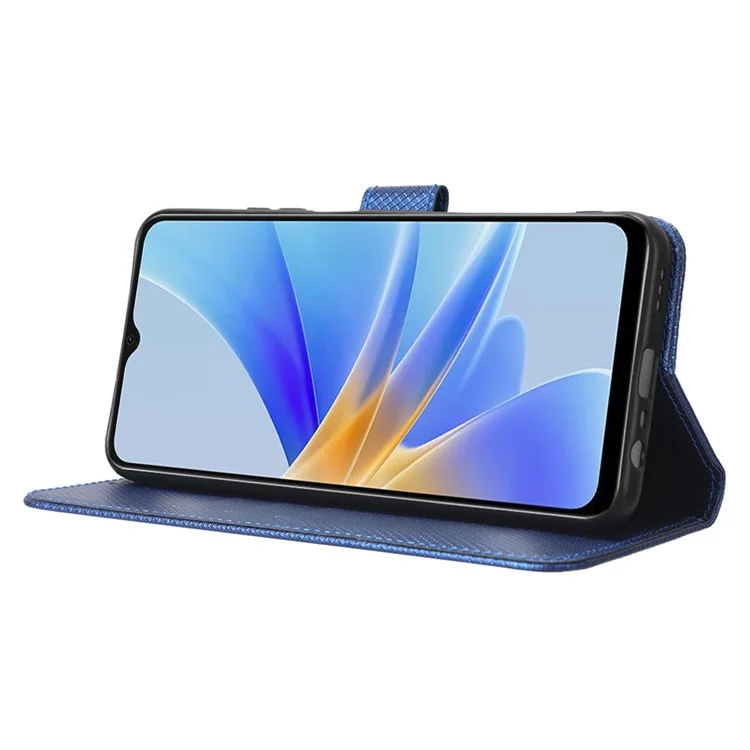 Per Oppo A17 4G Diamond Texture PU Leather Stand Wallet Cover Drop-proof Magnetic Clasp Phone Case - Blu