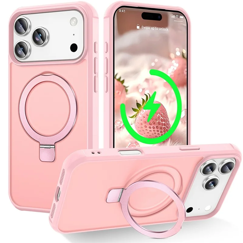 For iPhone 17 Pro Case Compatible with MagSafe Ring Holder Kickstand TPU + PC Phone Cover - Pink