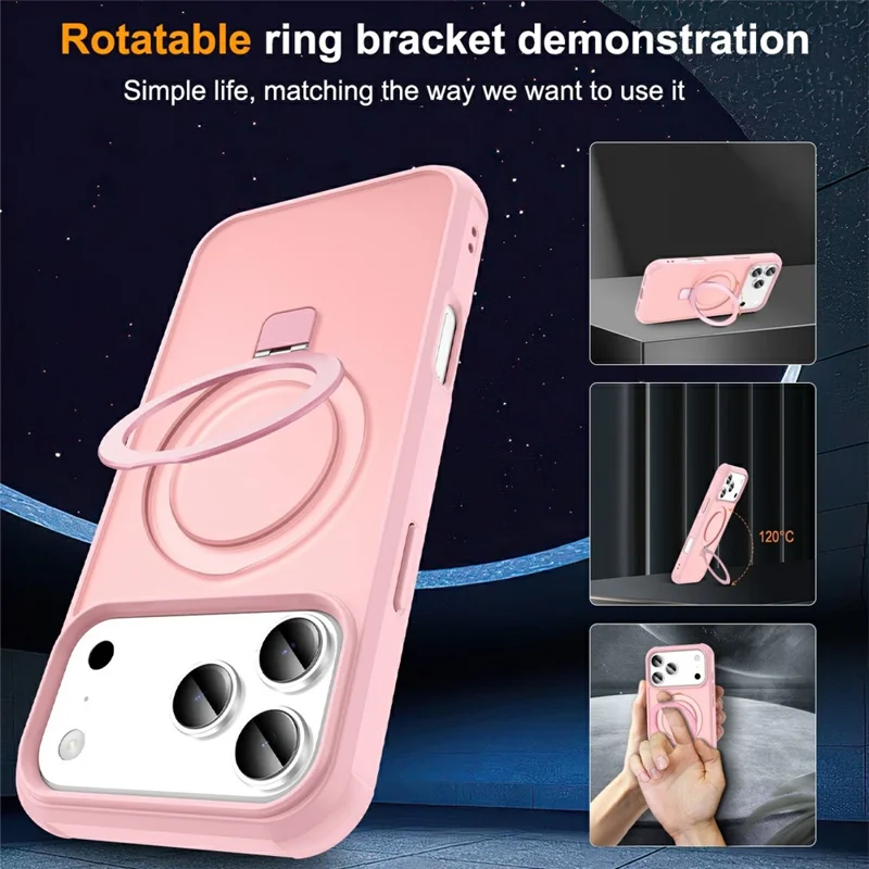 For iPhone 17 Pro Case Compatible with MagSafe Ring Holder Kickstand TPU + PC Phone Cover - Pink