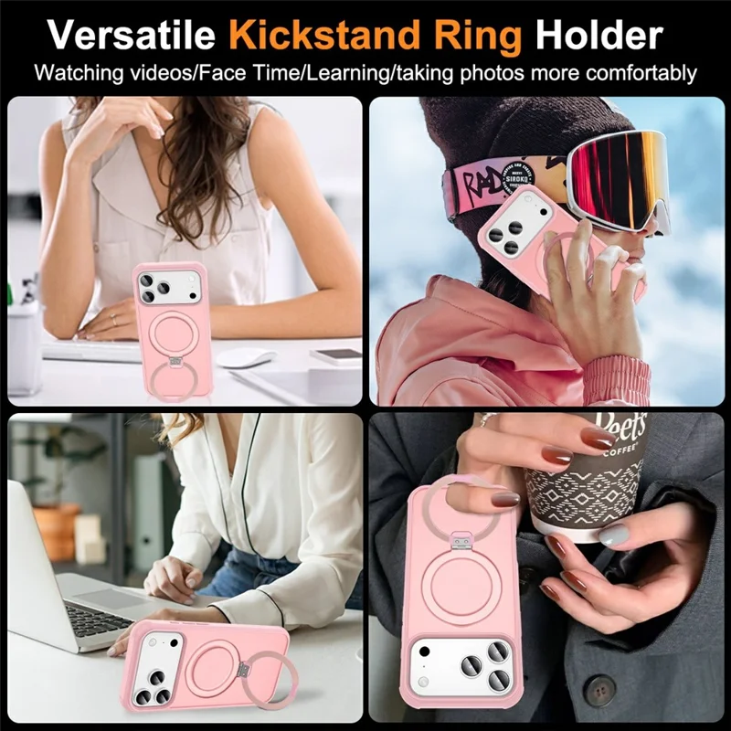 For iPhone 17 Pro Case Compatible with MagSafe Ring Holder Kickstand TPU + PC Phone Cover - Pink