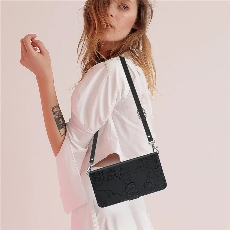 Für Realme 10 4G HT03 Schmetterlingsblüten Geprägte Brieftasche Flip Cover Haut-touch PU Leder Ständer Magnetische Full Protection Telefonhülle Mit Schultergurt - Schwarz