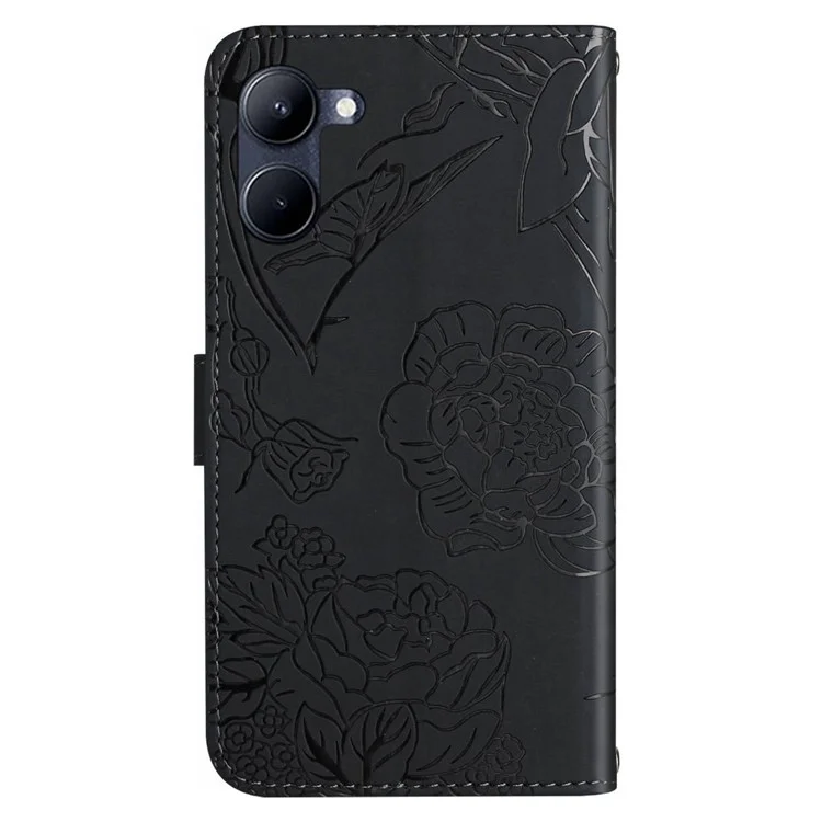 Für Realme 10 4G HT03 Schmetterlingsblüten Geprägte Brieftasche Flip Cover Haut-touch PU Leder Ständer Magnetische Full Protection Telefonhülle Mit Schultergurt - Schwarz