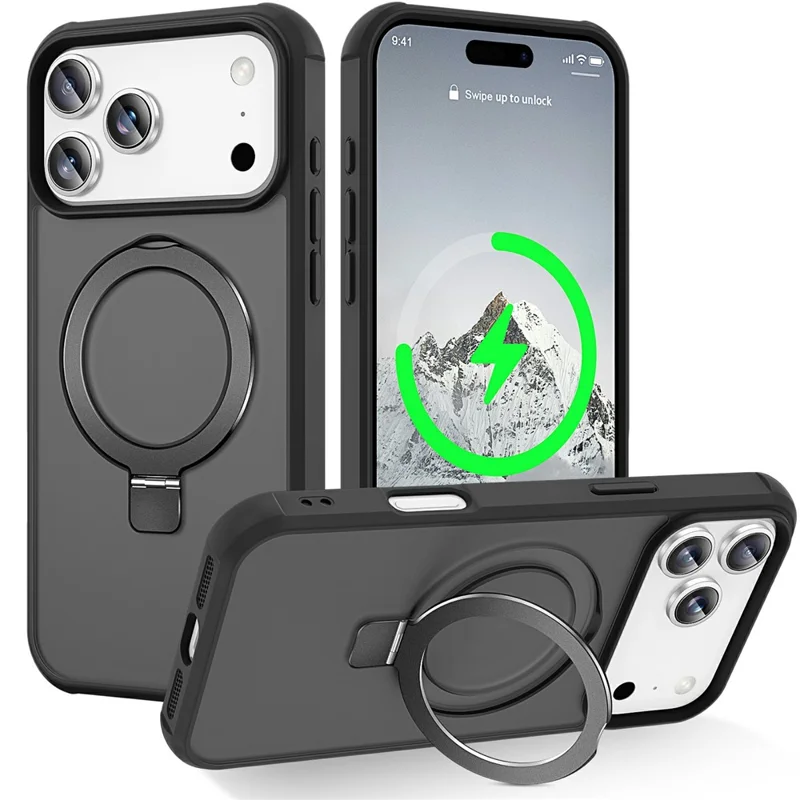 For iPhone 17 Pro Max Case Compatible with MagSafe Ring Holder Kickstand TPU + PC Phone Cover - Black