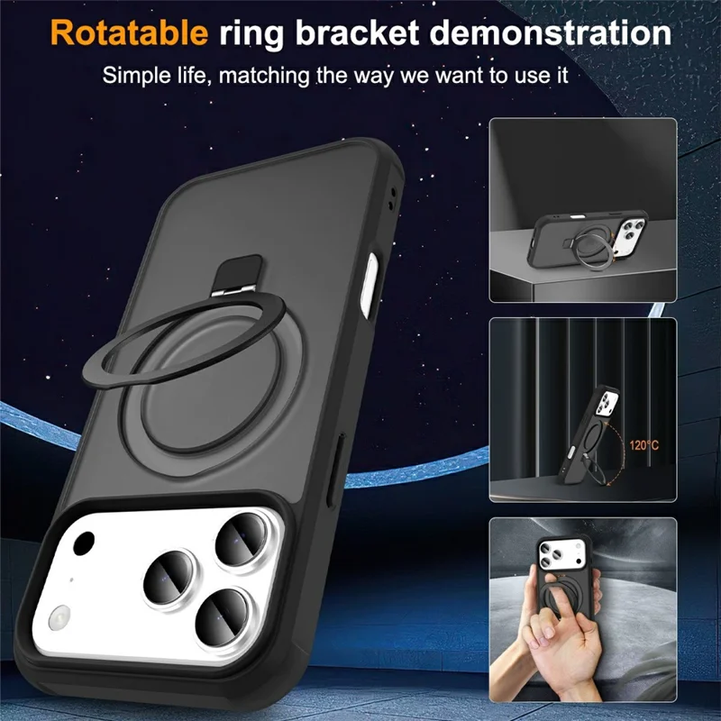 For iPhone 17 Pro Max Case Compatible with MagSafe Ring Holder Kickstand TPU + PC Phone Cover - Black