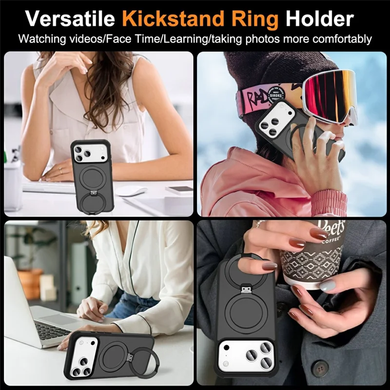 For iPhone 17 Pro Max Case Compatible with MagSafe Ring Holder Kickstand TPU + PC Phone Cover - Black