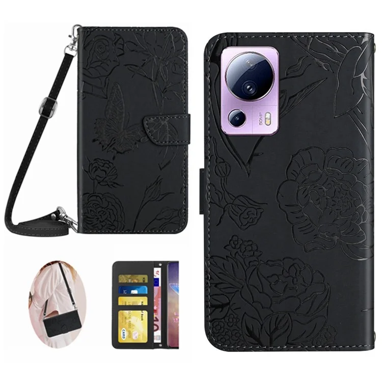 Per Xiaomi 12 Lite NE 5G HT03 Fiori di Farfalla Impronta Fiodi Flip Cover Del Telefono Coppa Per la Pelle Pulla Chiusa Magnetica Chiusa Magnetic - Nero