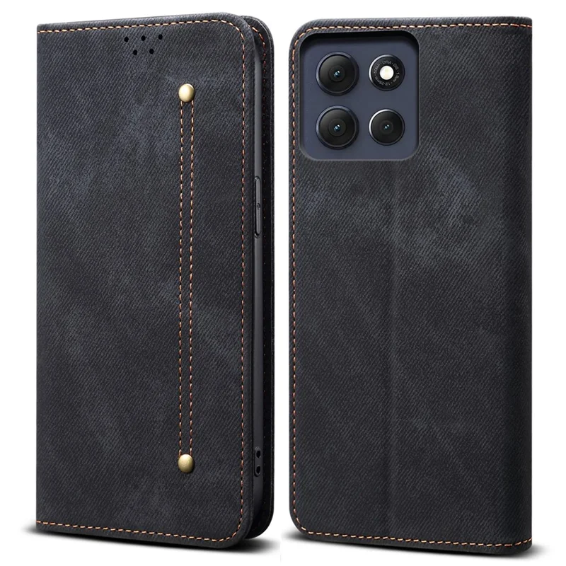 Für Motorola Moto G86 5G Hülle Jeans-Stoffstruktur Kratzfeste Lederhülle Ständer Handyhülle - Schwarz