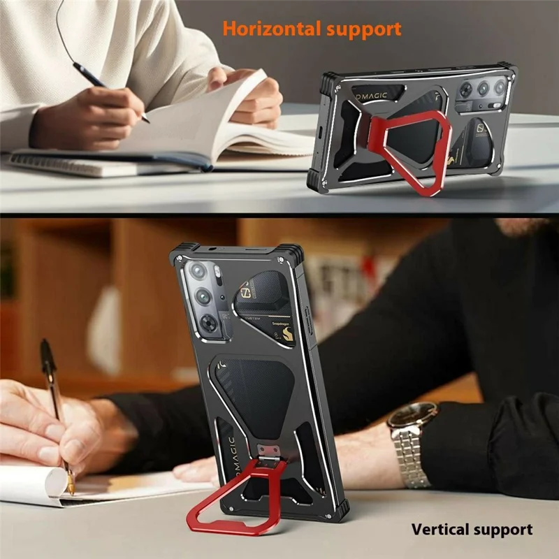 Étui en métal avec support pour ZTE nubia RedMagic 10S Pro+ 5G / 10S Pro 5G / 10 Pro+ 5G / 10 Pro 5G / 9S Pro+ 5G / 9S Pro 5G / 9 Pro+ 5G / 9 Pro 5G - Noir / Rouge