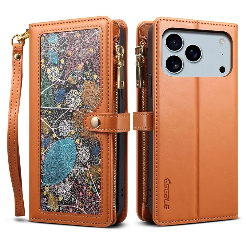 ESEBLE Funda Serie Galaxy para iPhone 17 Pro Bloqueo RFID Cubierta de teléfono de cuero con cremallera con correa para el hombro + correa para la muñeca - Marrón