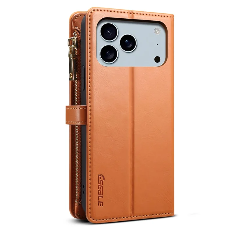 ESEBLE Funda Serie Galaxy para iPhone 17 Pro Bloqueo RFID Cubierta de teléfono de cuero con cremallera con correa para el hombro + correa para la muñeca - Marrón