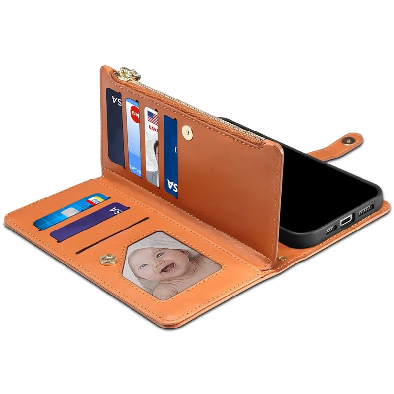 Чехол ESEBLE Galaxy Series для iPhone 17 с блокировкой RFID, кожаный, на молнии, с ремешком через плечо + наручный ремешок - Коричневый