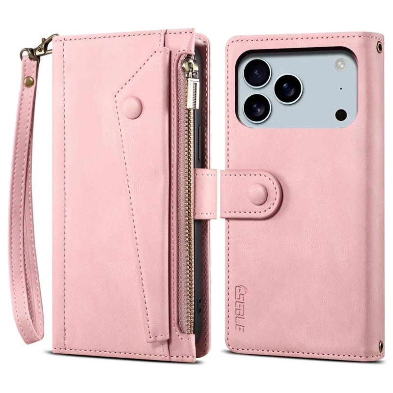 ESEBLE Serie Estrella Funda de Cuero con Cremallera y Soporte para iPhone 17 Pro con Correa de Muñeca - Oro Rosa