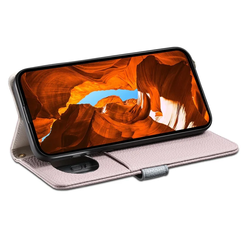 Capa ESEBLE E11 para Samsung Galaxy A55 5G com Bolso de Zíper, Textura de Couro de Lichia, Espelho e Alça de Pulso - Roxo Claro