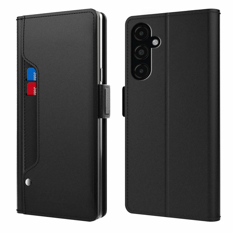 For Samsung Galaxy M36 5G Case Stand PU Leather Phone Cover Card Holder Mirror - Black