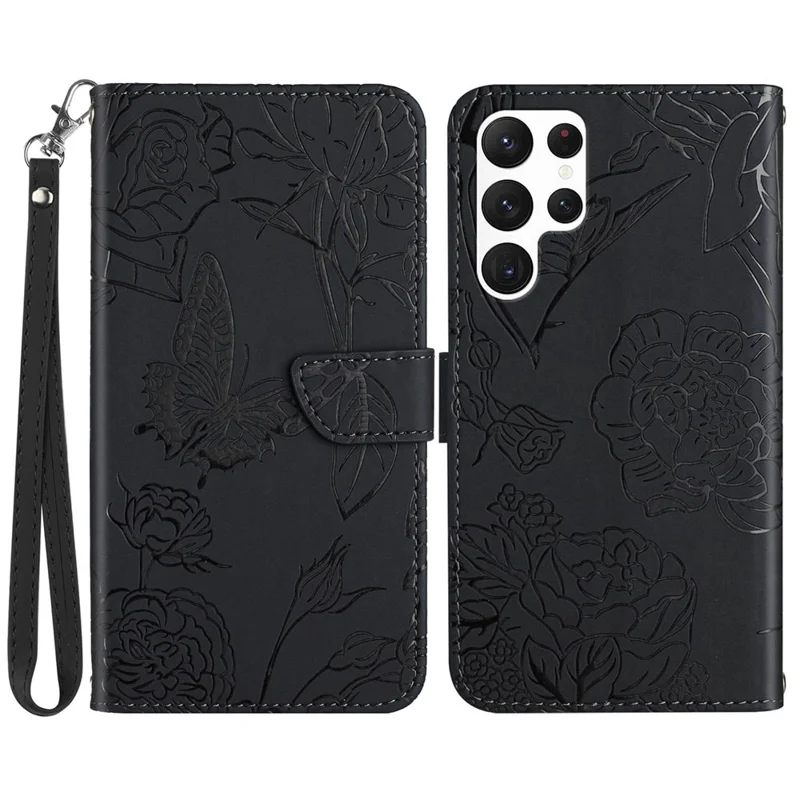 Skin-touch PU Leather Phone Case For Samsung Galaxy S23 Ultra, HT03 Imprinted Butterfly Flowers Magnetic Wallet Stand Shockproof Flip Phone Cover with Strap - Black
