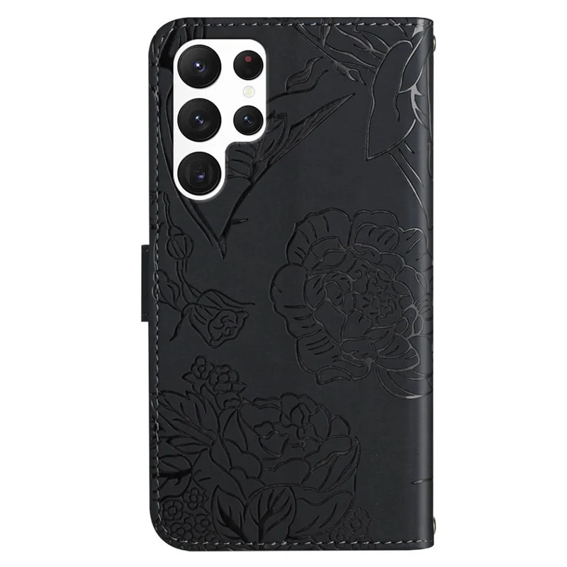 Skin-touch PU Leather Phone Case For Samsung Galaxy S23 Ultra, HT03 Imprinted Butterfly Flowers Magnetic Wallet Stand Shockproof Flip Phone Cover with Strap - Black