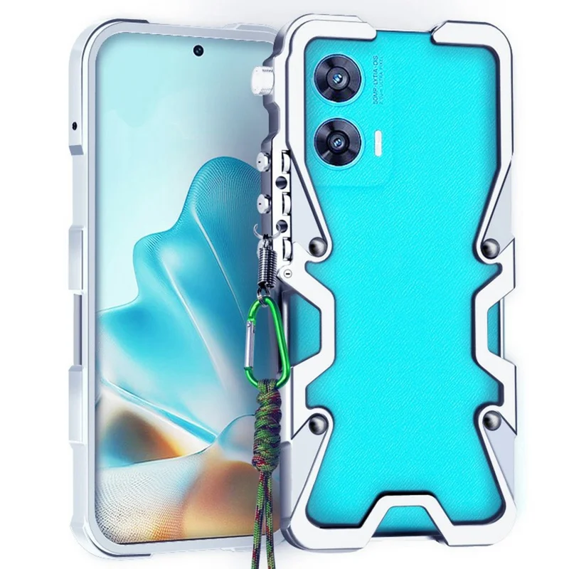 For Motorola G96 5G Bumper Case Aluminium Alloy Metal Phone Shell Cover with Strap - Silver