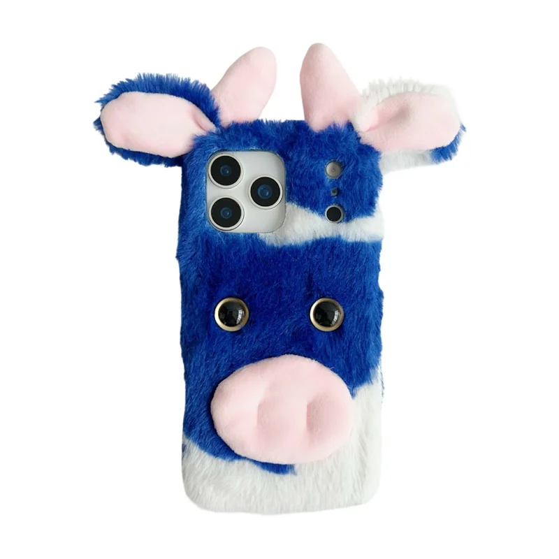 For iPhone 17 Pro Case Fluffy Cute Cow Winter Plush Inner TPU Phone Cover - Blue