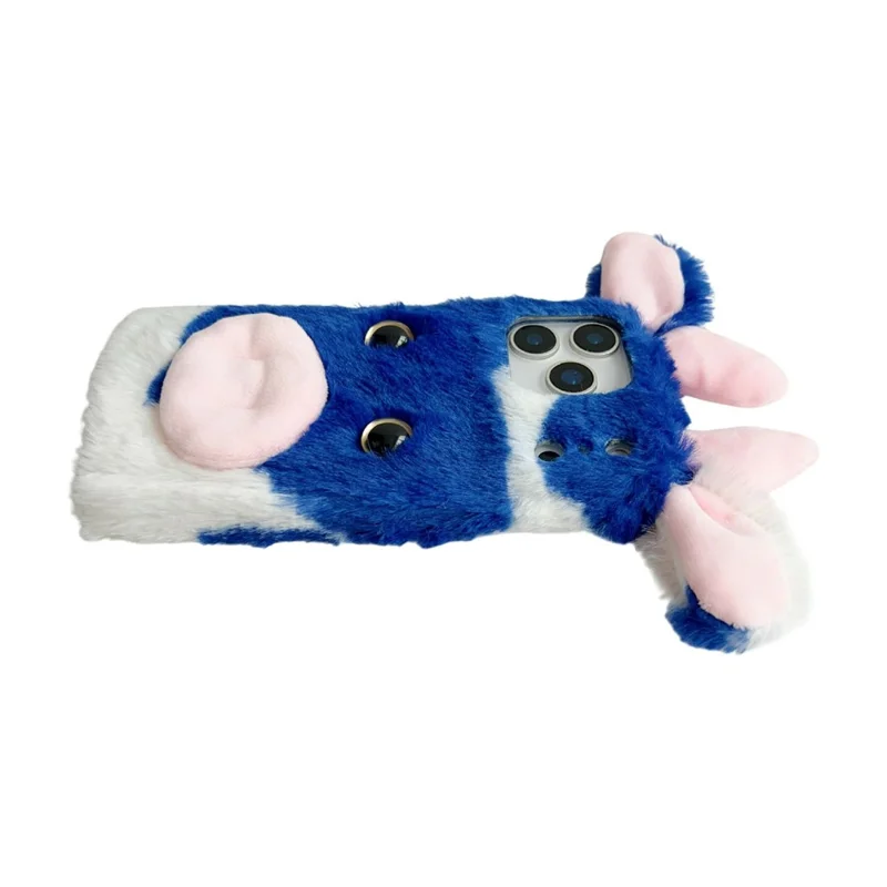For iPhone 17 Pro Case Fluffy Cute Cow Winter Plush Inner TPU Phone Cover - Blue