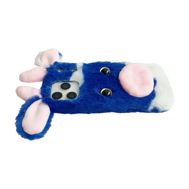 For iPhone 17 Pro Case Fluffy Cute Cow Winter Plush Inner TPU Phone Cover - Blue
