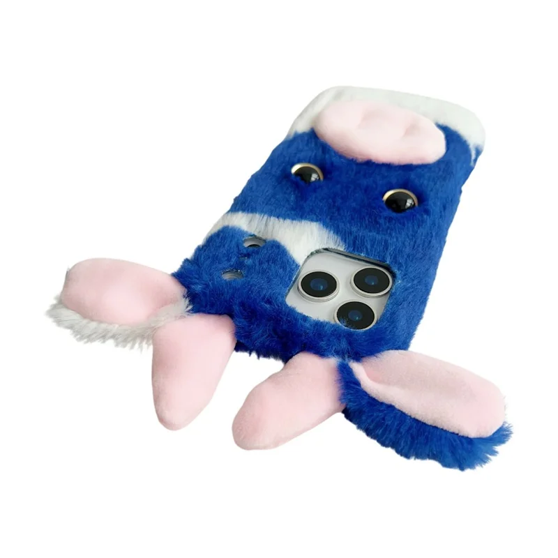 For iPhone 17 Pro Case Fluffy Cute Cow Winter Plush Inner TPU Phone Cover - Blue