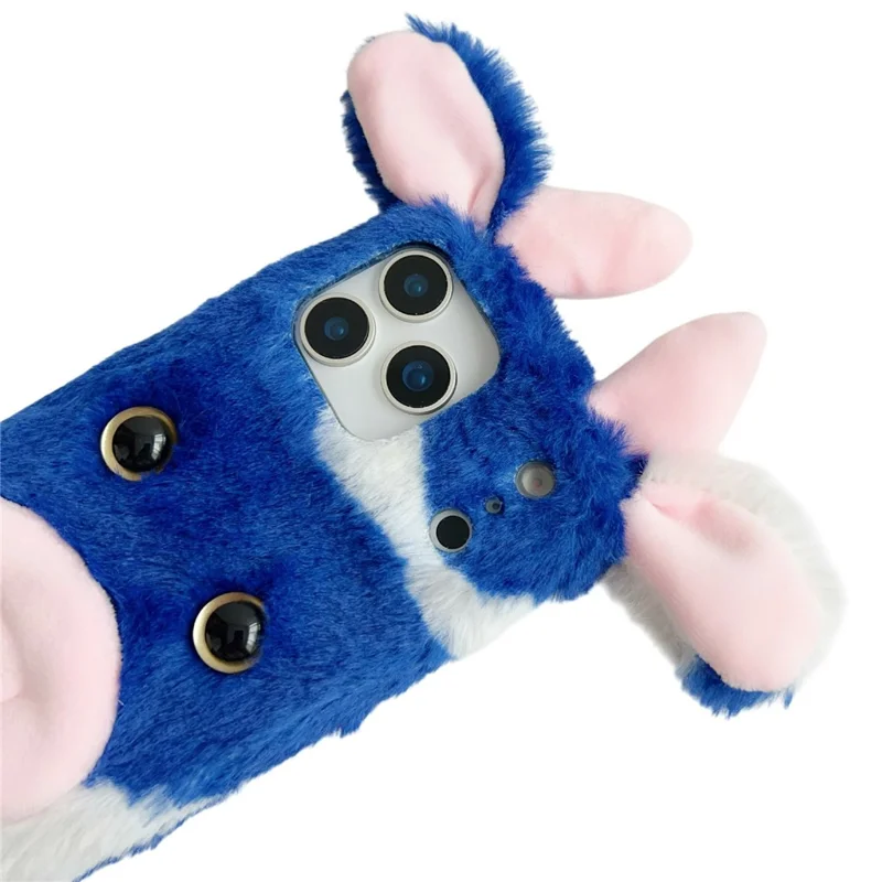 For iPhone 17 Pro Case Fluffy Cute Cow Winter Plush Inner TPU Phone Cover - Blue