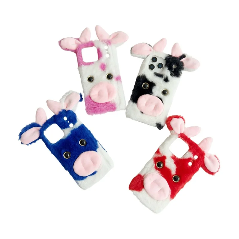 For iPhone 17 Pro Case Fluffy Cute Cow Winter Plush Inner TPU Phone Cover - Blue