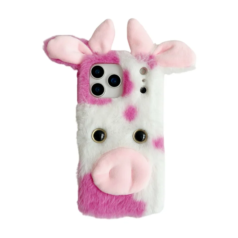For iPhone 17 Pro Case Fluffy Cute Cow Winter Plush Inner TPU Phone Cover - Pink
