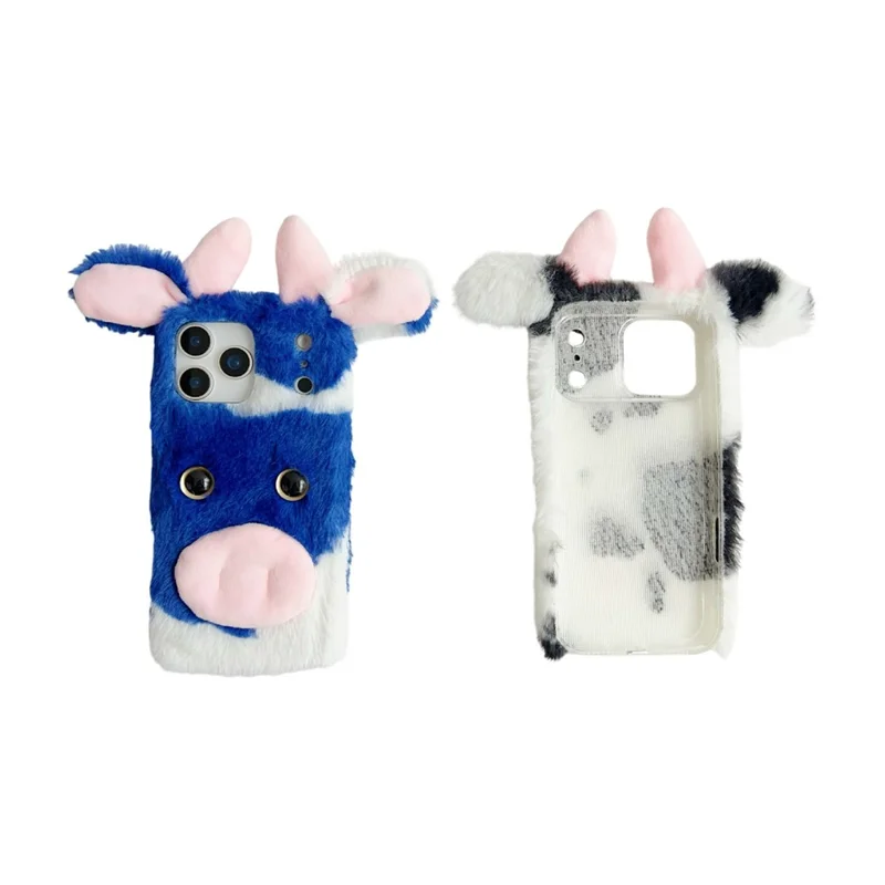 For iPhone 17 Pro Max Case Fluffy Cute Cow Winter Plush Inner TPU Phone Cover - Blue