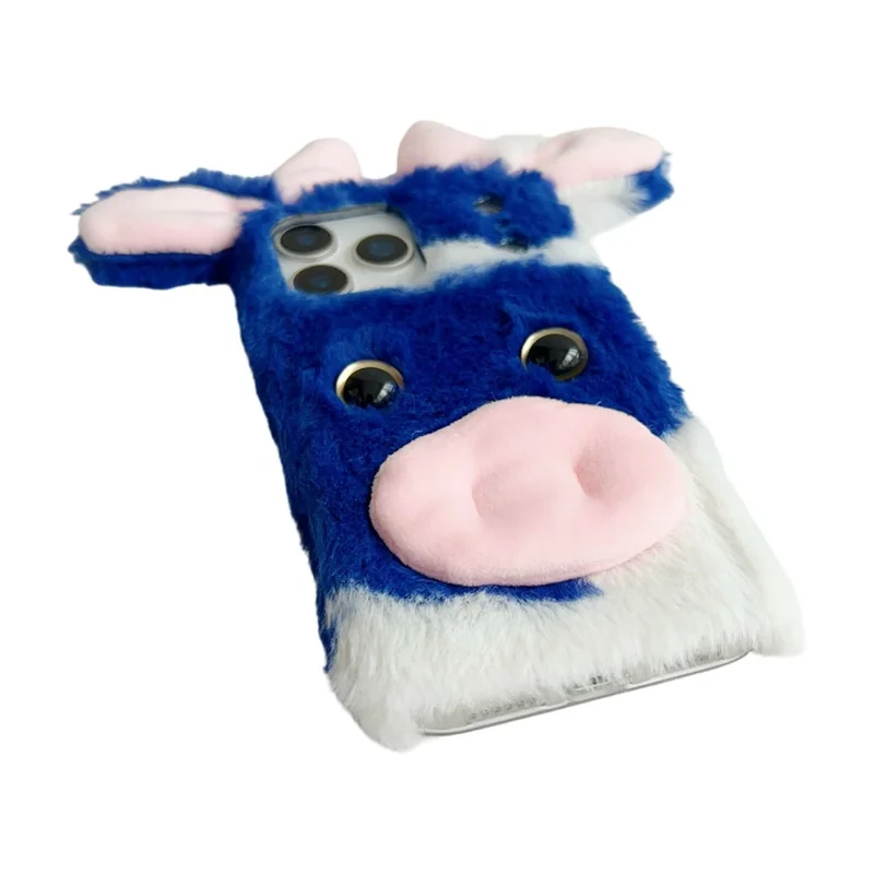 For iPhone 17 Pro Max Case Fluffy Cute Cow Winter Plush Inner TPU Phone Cover - Blue