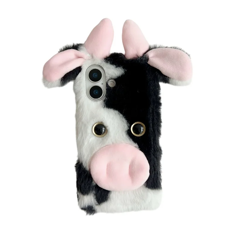 For iPhone 17 Case Fluffy Cute Cow Winter Plush Inner TPU Phone Cover - Black