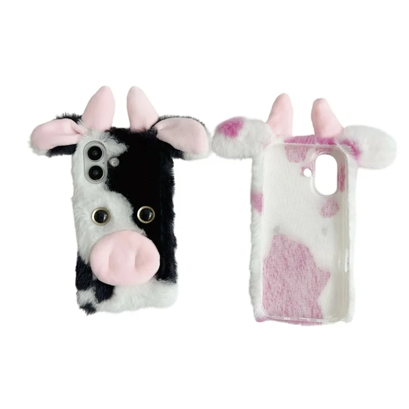 For iPhone 17 Case Fluffy Cute Cow Winter Plush Inner TPU Phone Cover - Black