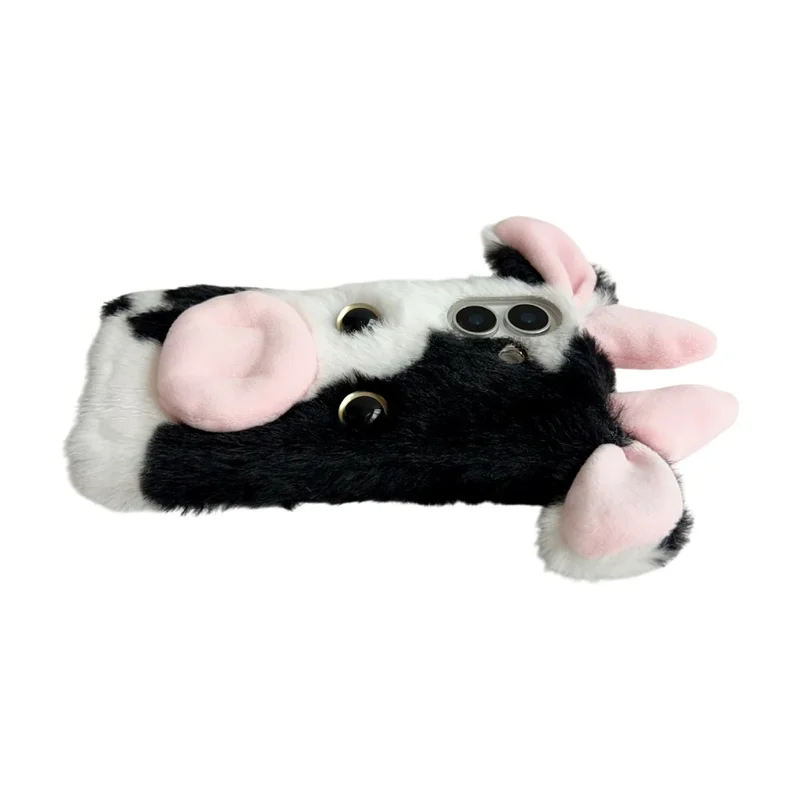 For iPhone 17 Case Fluffy Cute Cow Winter Plush Inner TPU Phone Cover - Black