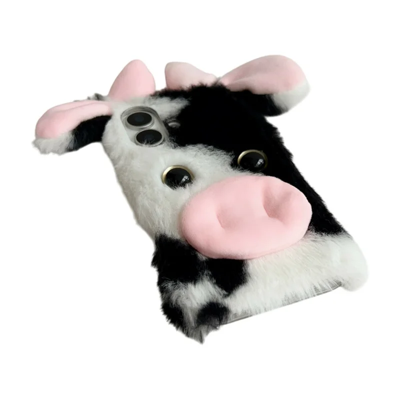 For iPhone 17 Case Fluffy Cute Cow Winter Plush Inner TPU Phone Cover - Black