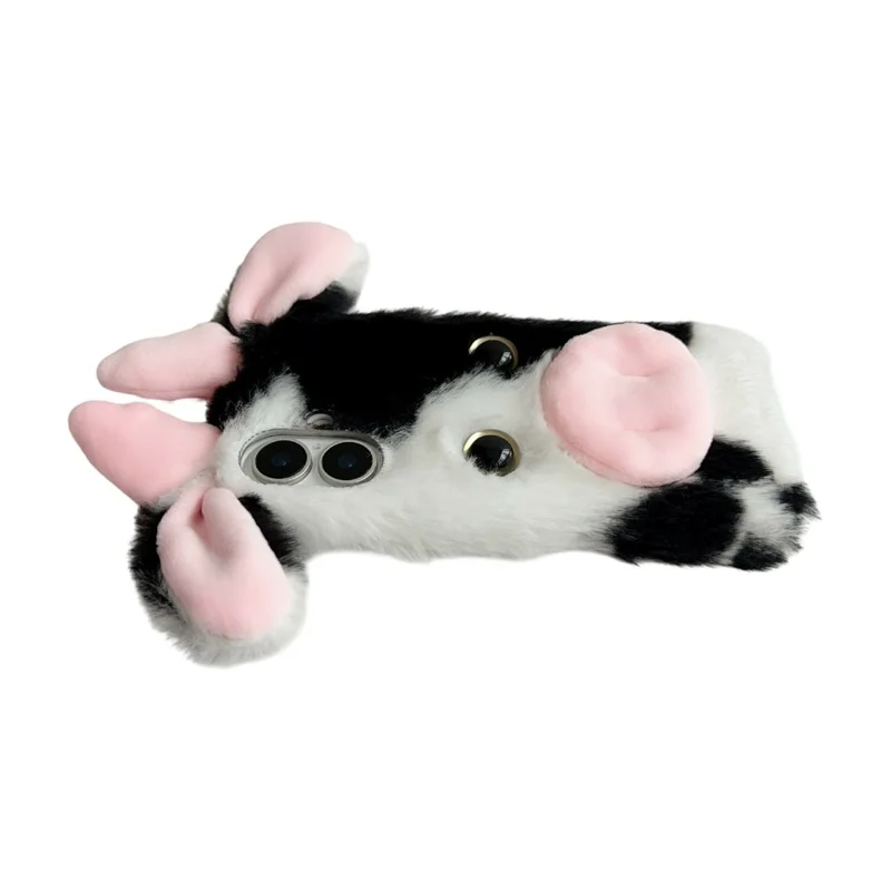 For iPhone 17 Case Fluffy Cute Cow Winter Plush Inner TPU Phone Cover - Black
