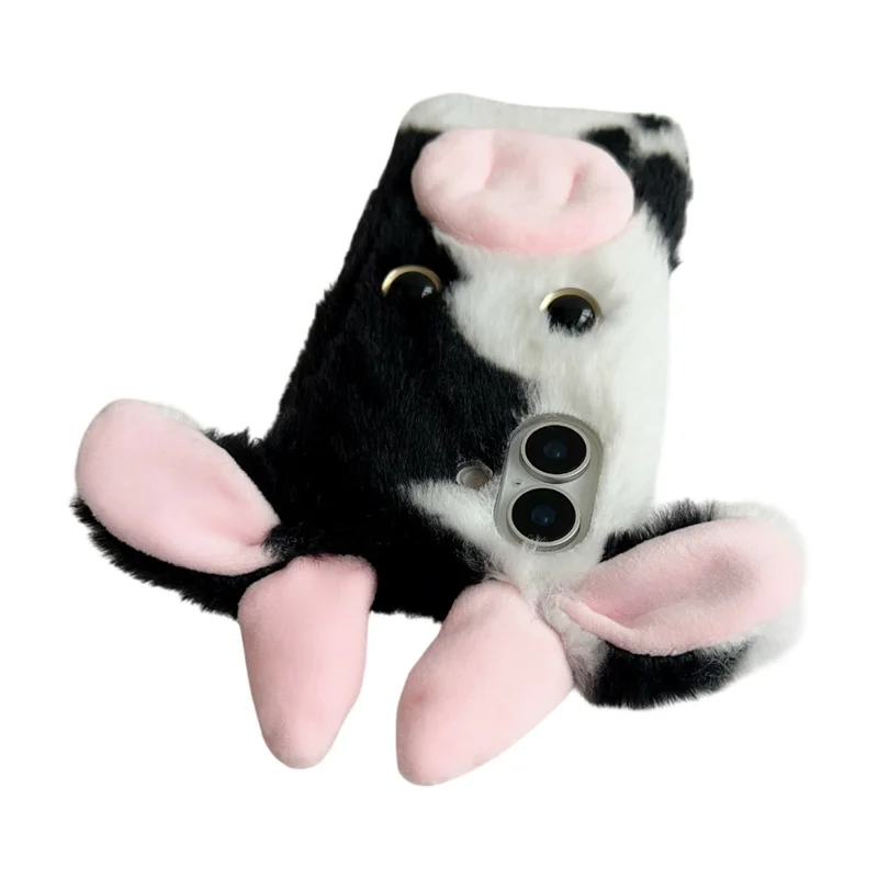 For iPhone 17 Case Fluffy Cute Cow Winter Plush Inner TPU Phone Cover - Black