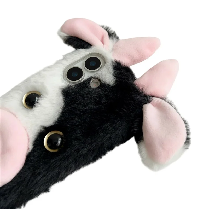 For iPhone 17 Case Fluffy Cute Cow Winter Plush Inner TPU Phone Cover - Black