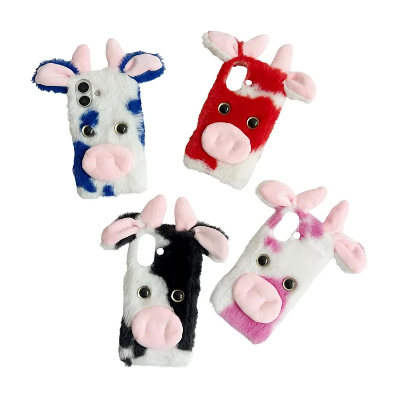 For iPhone 17 Case Fluffy Cute Cow Winter Plush Inner TPU Phone Cover - Black